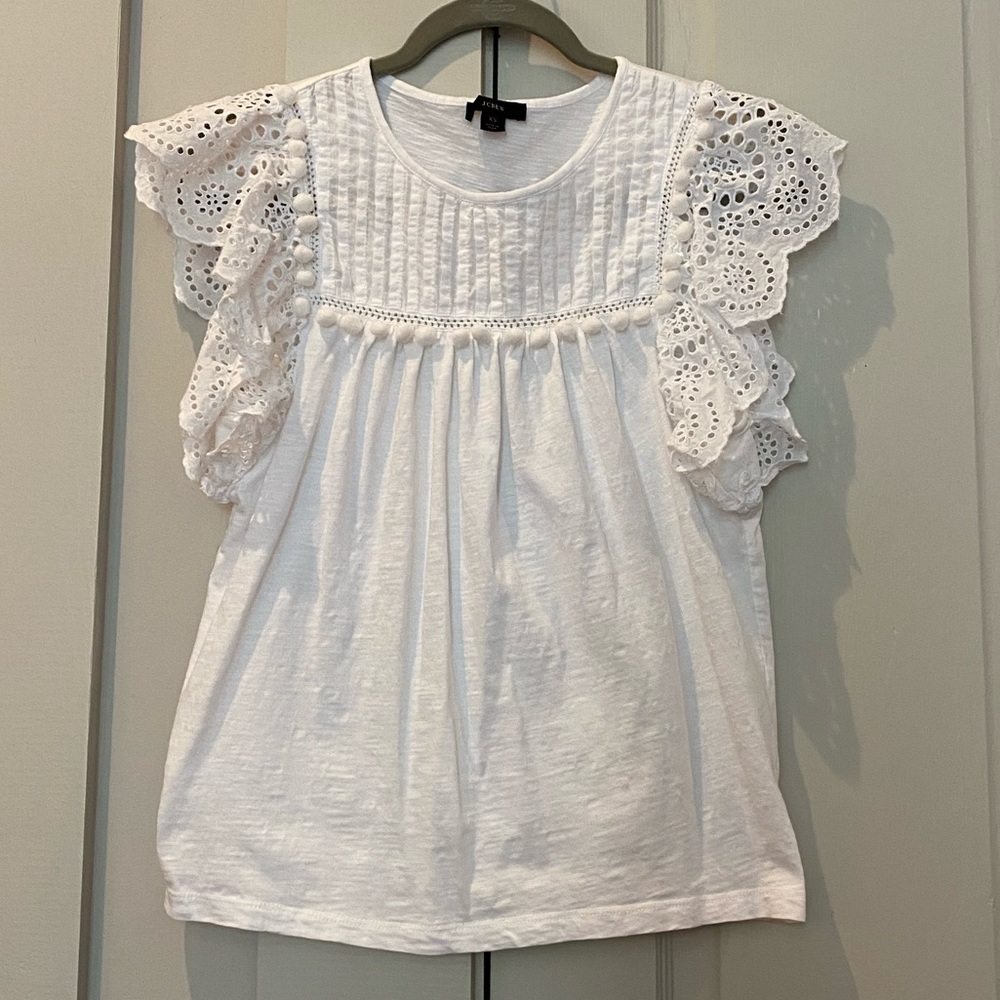 Jcrew Ruffle Sleeve w/Pom Pom Tee